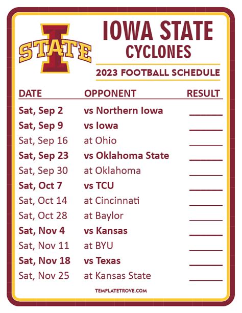Iowa state football schedule 2024 - View the 2024 Iowa State Football Schedule at FBSchedules.com. The Cyclones football schedule includes opponents, date, time, and TV. FBSchedules - College and Pro Football...